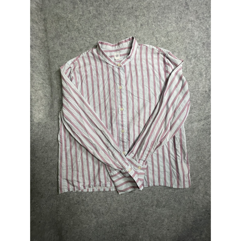 Gap Womens Band Collar Button Down Shirt Red Blue Striped Long Sleeve Large‎